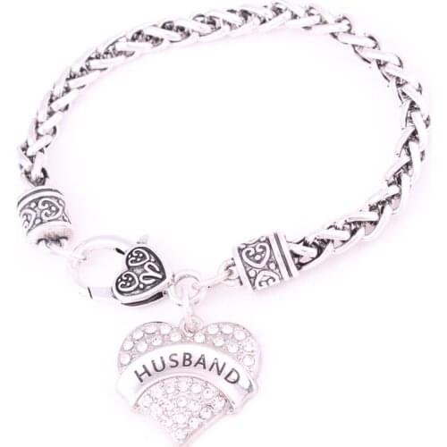 Trendy rhodium plated studded with sparkling crystal HUSBAND heart jewelry charm bracelet