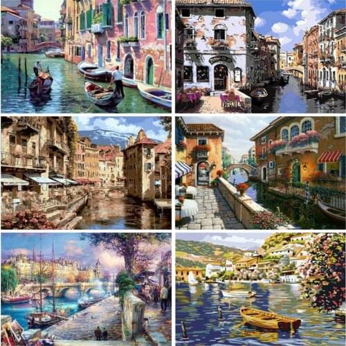 AZQSD Painting By Numbers City Coloring By Numbers Landscape Frameless Arcylic Oil Painting Hand Paint Kit Canvas Home Decor
