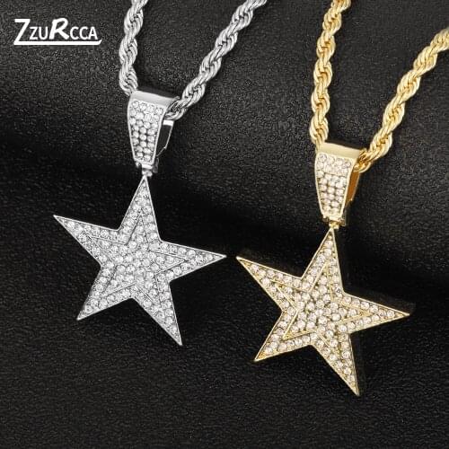 Hip Hop Gold Color Men Pendant Necklace Micro Pave Iced Out Rhinestone Star Pendant Necklaces With Rope Chain