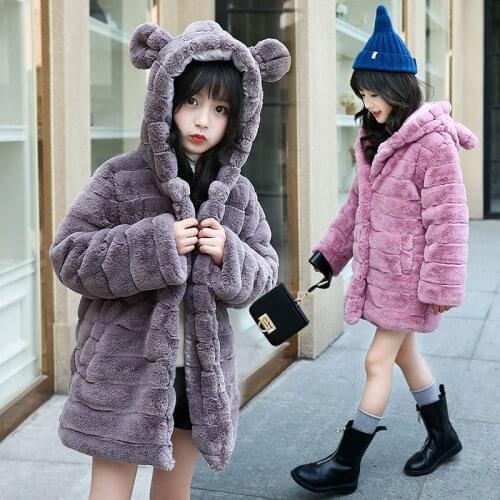 Girls Faux Fur Coat with Ears Fashion Winter Warm Jacket for Girls Beautiful Purple Children Jacket Kid Thick Plus Velvet Coat