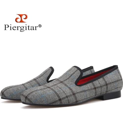 Piergitar new British style gingham fabric men flats fashion party and prom mens loafers handmade men casual shoes plus size