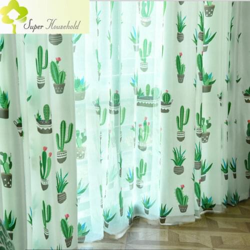 Simple Modern Nordic Plant Personality Curtains for Living Room Bedroom Green Potted Plants Sheer Tulle Curtains for The Kitchen