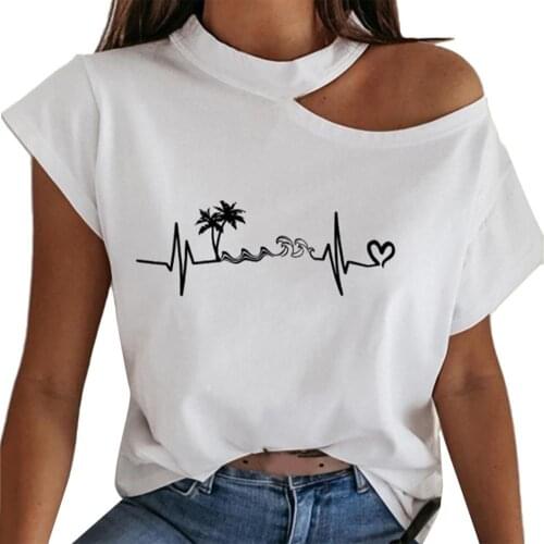 Women Short Sleeve Halter Cold Shoulder Tree Heart Print Loose T-shirt Womens Cold Shoulder Tree Heart Print T Shirt