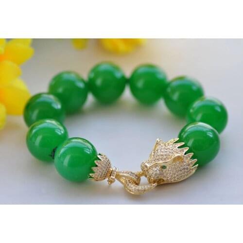 S2480 8" 20mm Round Green Jade Bead Dragon CZ Bracelet
