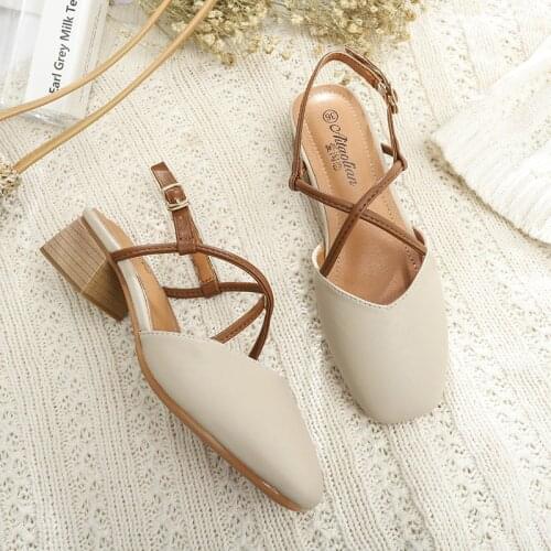 Retro square toe cross band buckle gladiator sandals close toe slingback chunky heels sandales girls hollow out dress shoes 2020