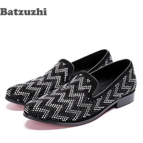 Batzuzhi Luxury Mens Shoes Black Suede Leatehr Shoes Men Crystals Loafers Zapatos Hombre for Mens Party and Wedding!Big Size 46