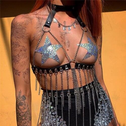 Women Off Shoulder Halter Cupless Leather Suspenders Belts Sexy Metal Tassel Chain Backless Garters Two Piece Set Club