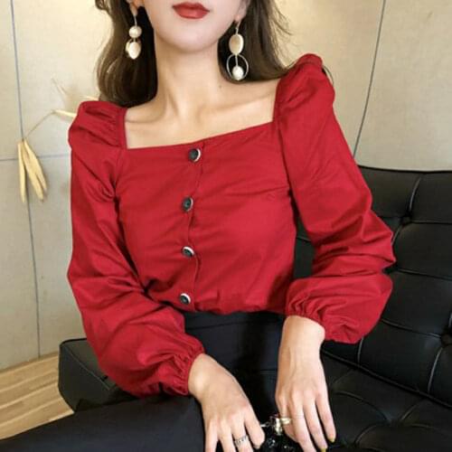 Vintage Blouse Women Puff sleeve Top Autumn Winter New Button Basic Tee shirt Square Collar Backless Sexy Party Club Clothes