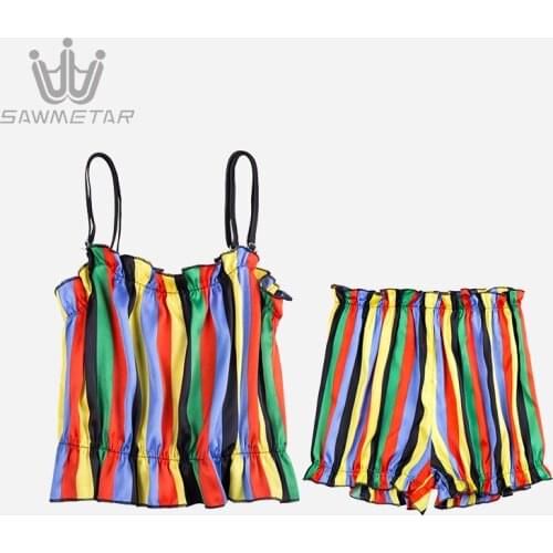Women Pajamas Sets Summer Sexy Sleeveless Spaghetti Strap Pyjamas Silk Satin Shorts Pijama New Style Stripe Pajama