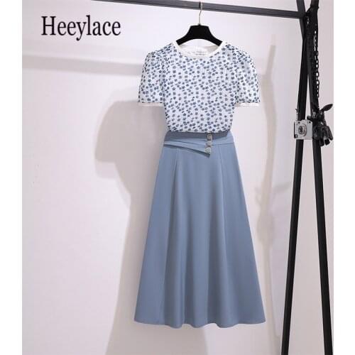 Office ladies elegant long skirt two piece set for women floral print top and high waist A-line chiffon skirts suit women outfit