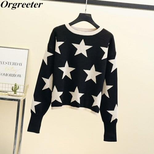 High Quality Fall Winter Womens Sweater O-neck Stars Jacquard Pullover Knitting Sweater Long Sleeve with Split Casual Jumper