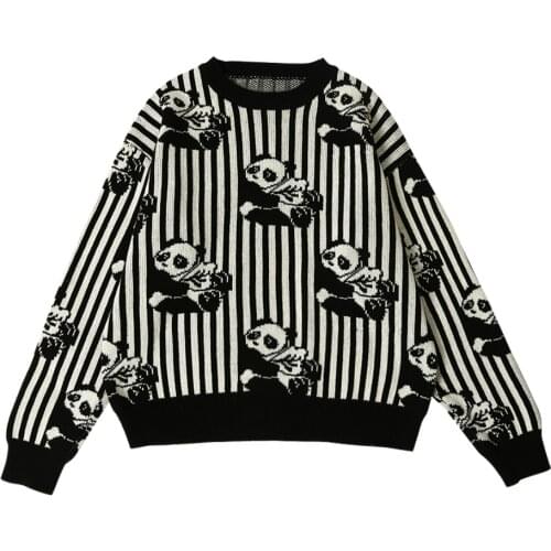 2021 Winter Thick Jacquard Sweater Pullovers Women Harajuku Panda Black/White Striped Embroidery Knitted Jumpers Knitwear Tops