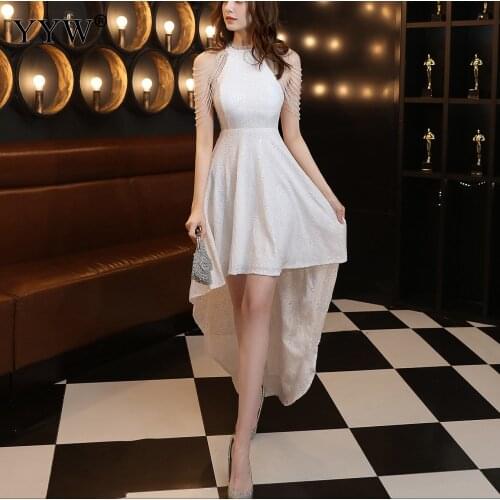 New Elegant Woman Bling Sequined Short Evening Dress Irregular Sexy Sleeveless Party Black White Evening Dresses Femme Vestidos