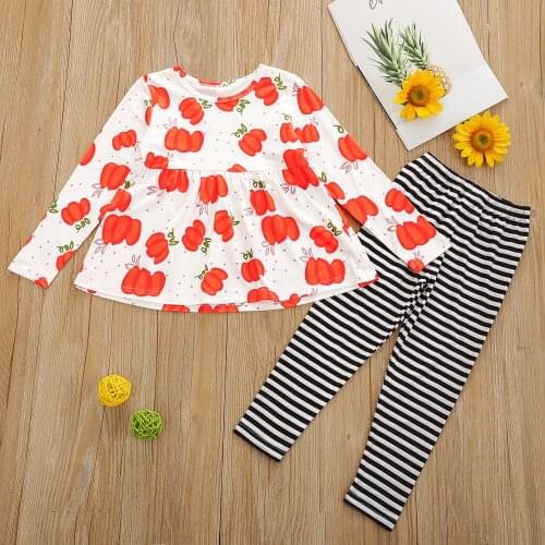 2Pcs Kids Girls Clothes Autumn Tracksuit Pumpkin Print O-Neck Long Sleeves T shirt + Stripes Elastic Waist Pants for 1-5 Years