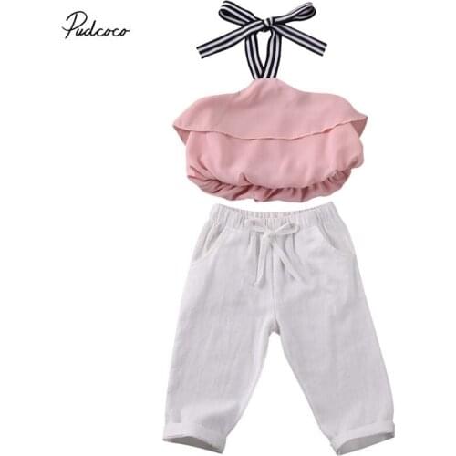 2020 Fashion Summer 1-6Y Toddler Kid Baby Girl Clothes Striped Straps Off Shoulder Ruffle Top Vest Shirt Long Pants Outfits Set
