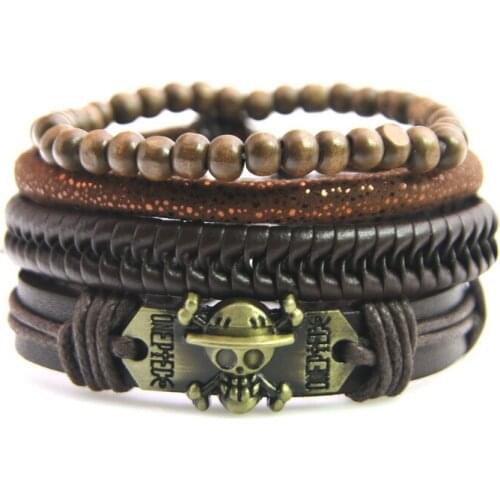 4pcs/set Fashion Vintage Wood Bead Bracelet Handmade Punk Charm Skull Femme Homme Male Men Leather Bracelet For Women Jewelry