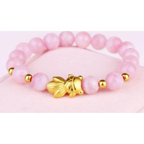 999 New Pure 24K Yellow Gold Bracelet 3D Lucky Fish & 3mm Lucky Beads Rose Quartz Beads Chain