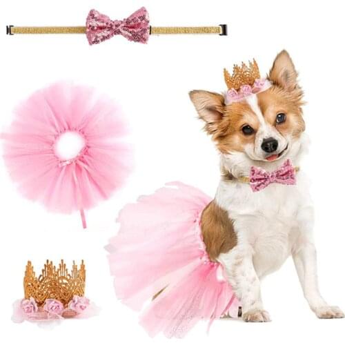 Dogs Caps with Bowknot Crown Skirt Cat Pet Birthday Costume Sequin Design Headwear Collar Hat Christmas Party Pets Accessories