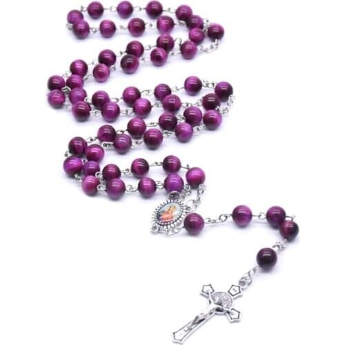 8mm Rosary Prayer Beads Tiger Eye Stone Necklace Virgin Cross Christian Catholic Religious Jewelry Charm Gift