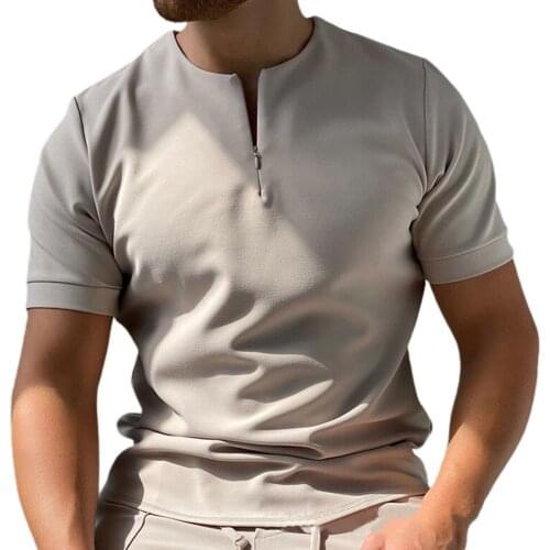 Men T-shirt Solid Color Loose Summer Short Sleeve Round Neck Breathable Top Zipper T-shirt Men Streetwear School Party