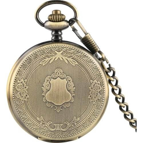 Superb Retro Bronze/Silver Shield Punk Crown Design Sculpture Quartz Pocket Watch Luxury Golden Chain Analog Roman Numeral Watch