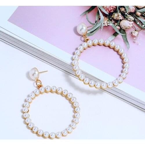 L&H Exquisite Luxury Dangle Earrings For Women Hollow Round with Pearl Drop Earrings Fashion Simple Party Earrings Jewelry Trend