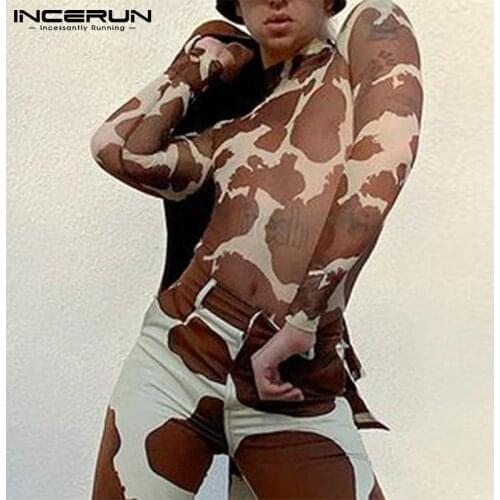 Men T Shirt Leopard Print 2021 Mesh See Through Streetwear Long Sleeve Undershirt Fashion Cozy Sexy Casual Camisetas 5XL INCERUN