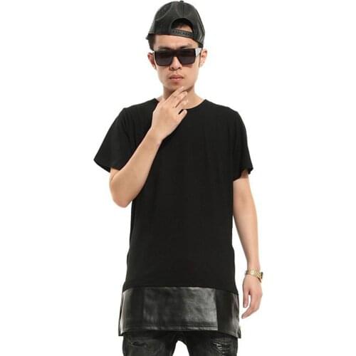 Mens t shirts fashion 2015 Gold blaze zipper lengthen westcoast PU T-shirt short-sleeve dress tee