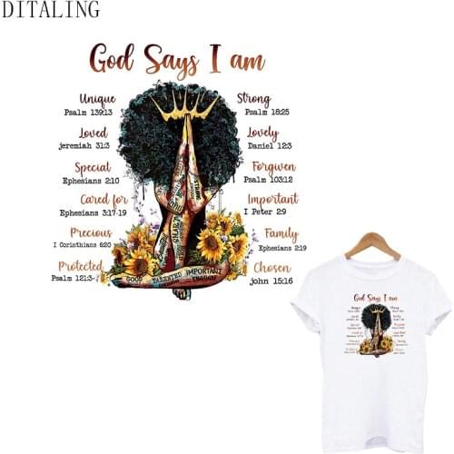 Patch On Clothing God Says I Am Strong Black Women DIY T-Shirt Heat Transfer Patch Afro Girl Iron On Sticker Applique On Clothes