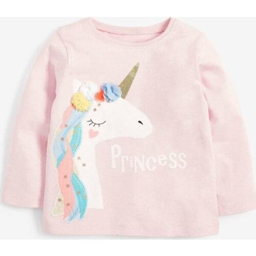 2021 New Spring and Autumn Cute Unicorn Cotton Childrens T-shirt Knitted Long Sleeve Round Neck Cartoon Girls Clothes