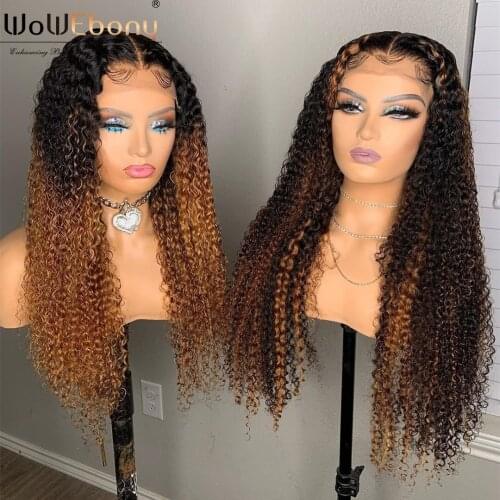 Ombre brown curly wig 250 density kinky curly 1b30 highlight lace front wig pre plucked brazilian 13x1 T part lace Colored Wig