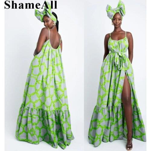 Plus Size Belted Side Split Spaghetti Strap Maxi Boho Dress 3XL Summer Vintage Printed French Long Dress Women Vestidos De Mujer