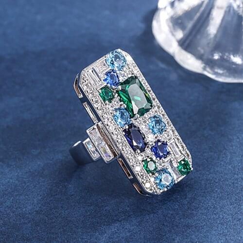 Luxury Vintage 925 Sterling Silver Emerald Sapphire Aquamarine Gemstone Big Ring Womens Vintage Cocktail Party Ring Charms