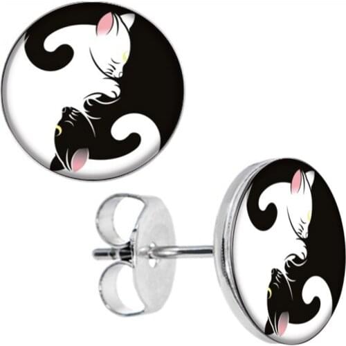 Wholesale Stud Earrings Black and White Cat Yin Yang Stainless Steel Ear Studs Men Women Earring 8mm 10mm AW5211