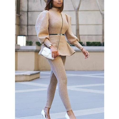 Chic Womens Sets Long Lantern Sleeve Waist Belt Ruffles Elastic Close-fitting Slim Fit Suits Sexy Date Night Birthday Outfits