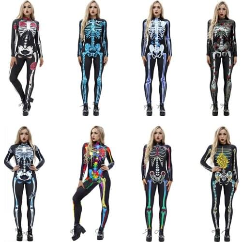 Scary Halloween Skeleton Bone Print Costume Adult Women Horror Carnival Joking Catsuit Jumpsuit Long Sleeves Bodysuit For Lady