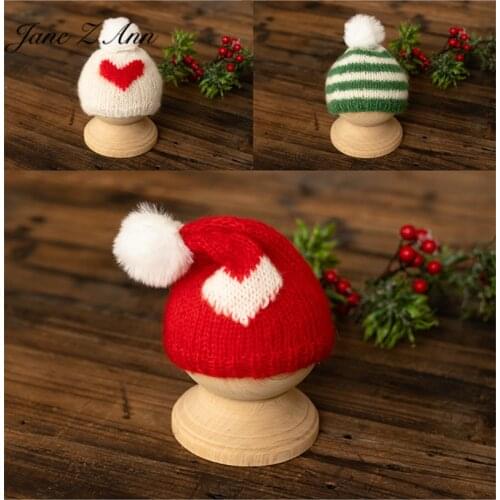 Jane Z Ann Handmade knitted Warm heart striped pom pom twins hat Christmas theme baby studio shooting newborn photography props