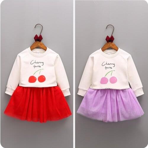 2016 Girl Childrens Garment Autumn 2 Pieces Set Cherry Sweater Base Bottoming Unlined Upper Garment Jacket Half-body Skirt Suit