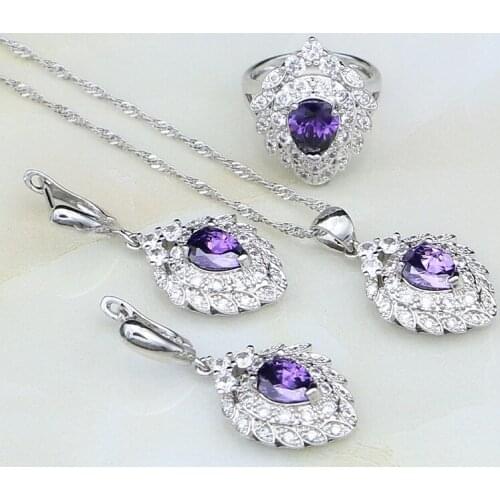 Heart Shaped Purple Zircon White Crystal 925 Sterling Silver Bridal Jewelry Sets For Women Wedding Earring/Pendant/Necklace/Ring