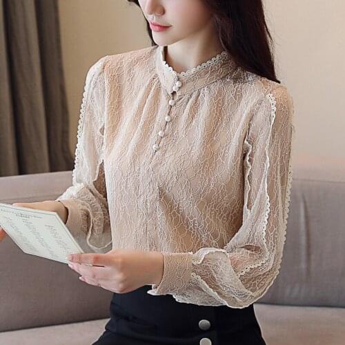 Autumn Spring Office Lady Woman Black Beige Pearls Button Stand Collar Chiffon Blouse , Korean Woman Ruffles Full Sleeve Blouses