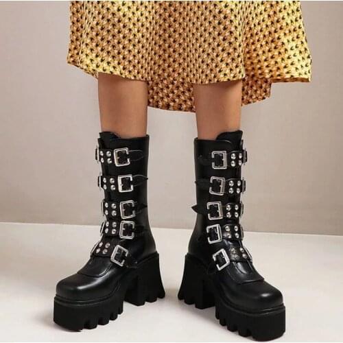 Winter Gothic Size 43 Punk Womens Platform Boots Black Buckle Strap zipper Creeper Wedges Shoes Mid Calf Military Combat Boots