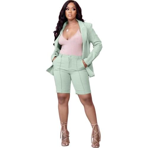 Spring summer 2021 women fashion blazer suits Long notched jacket+biker shorts 2 piece set Purple blue green ensemble femme
