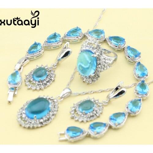 Fashion Sterling Silver colorcolor Overlay Jewelry Sets For Women Blue Cubic Zirconia Smooth Necklace Rings Earrings Bracelet