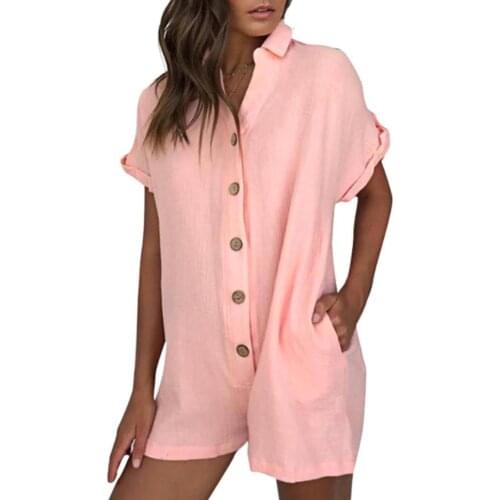 Summer Women Solid Color V Neck Turn-down Collar Jumpsuit Single Breasted Short Sleeve Coverall Fashion Loose Romper for Dating