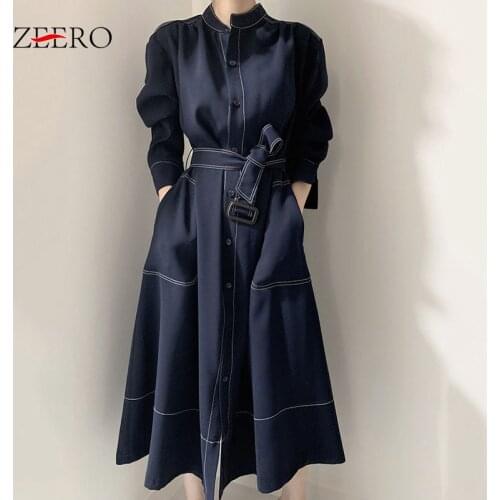Autumn Winter Ladies Stand Collar Long Trench Coat Dress Women Casual Blue Singel Breasted Sashes Loose Windbreaker Overcoat