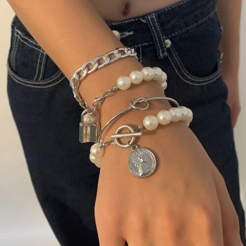 2020 Vintage Human Head Coin Lock Big Artificial Pearl Fashion Bracelets For Women Boho Multiple Layers Bracelet Set Jewelry