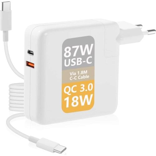105W Type-C With 87W USB C and 18W QC3.0 Power Adapter for MacBook Pro/Air, Surface Book 2 3 Pro 7 iPad iPhone 12 11 and more