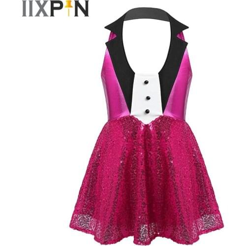 Girls Ballet Dress Sleeveless Halter Neck Shiny Sequins Gymnastics Dance Dress Modern Tap Jazz Dance Costumes Kids Dancewear