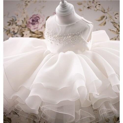 White Lace Baby Girl Dress 1 Year Birthday Gown Beads Tulle Bow Party Baptism Dress Toddlers Infant Girl Christening Clothes