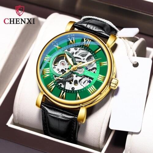 CHENXI New High-end Mechanical Watch Mens Hollow Waterproof Luminous Automatic Luxury Leather Strap Large Dial Watch WA204